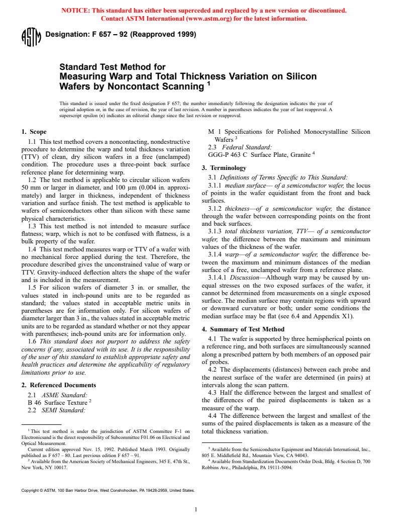 ASTM F657-92(1999) - Standard Test Method for Measuring Warp and Total Thickness Variation on Silicon Wafers by Noncontact Scanning (Withdrawn 2003)