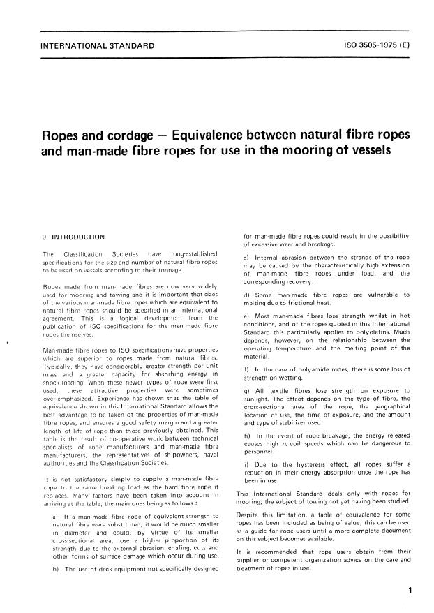ISO 3505:1975 - Ropes and cordage -- Equivalence between natural fibre ropes and man-made fibre ropes for use in the mooring of vessels