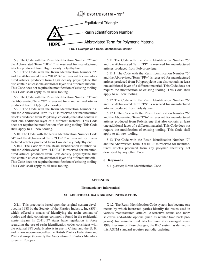 ASTM D7611/D7611M-13e1 - Standard Practice for Coding Plastic Manufactured Articles for Resin Identification