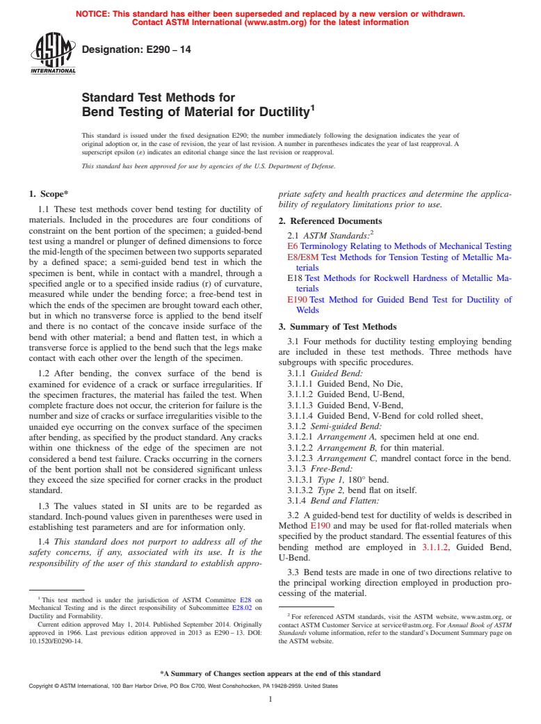 ASTM E290-14 - Standard Test Methods for  Bend Testing of Material for Ductility