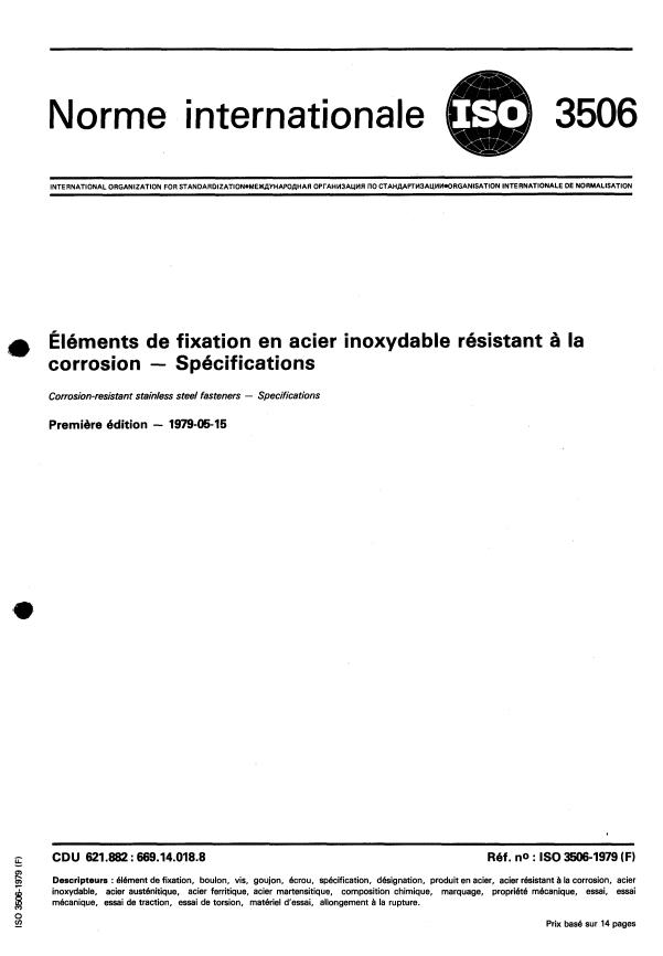 ISO 3506:1979 - Éléments de fixation en acier inoxydable résistant a la corrosion -- Spécifications