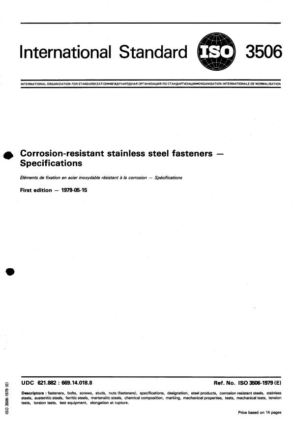 ISO 3506:1979 - Corrosion-resistant stainless steel fasteners -- Specifications