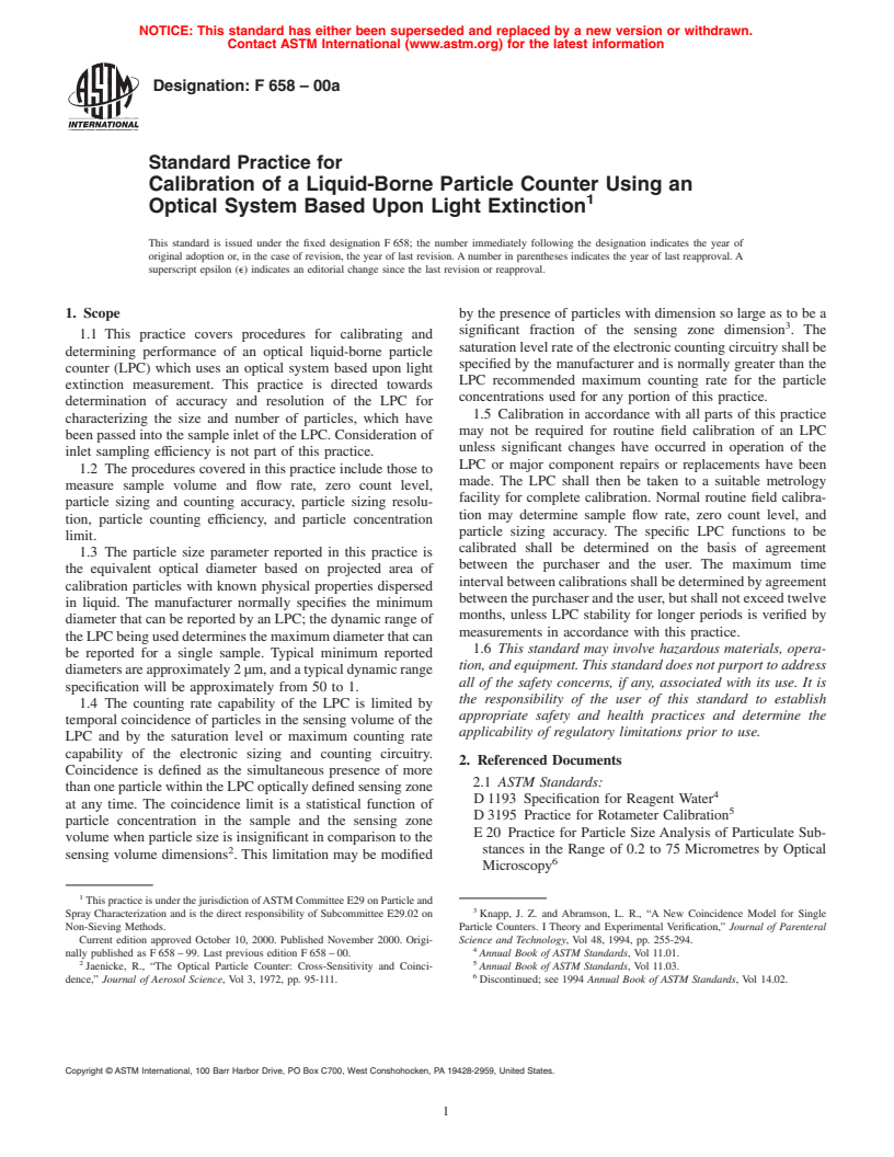 ASTM F658-00a - Standard Practice for Calibration of a Liquid-Borne Particle Counter Using an Optical System Based Upon Light Extinction