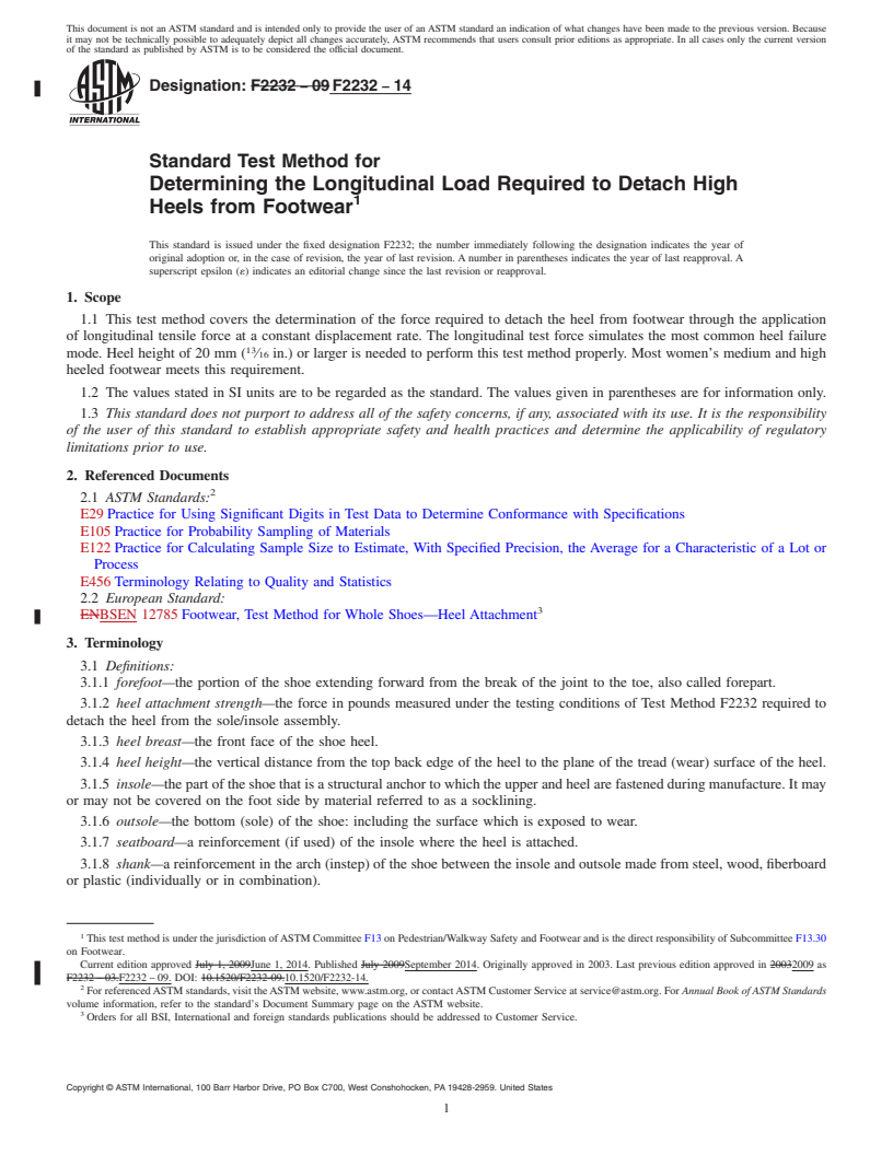 REDLINE ASTM F2232-14 - Standard Test Method for  Determining the Longitudinal Load Required to Detach High Heels  from Footwear