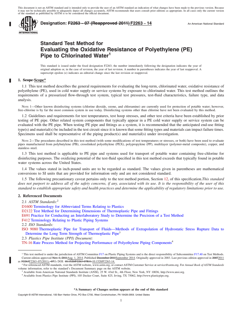 REDLINE ASTM F2263-14 - Standard Test Method for  Evaluating the Oxidative Resistance of Polyethylene &#40;PE&#41; Pipe   to Chlorinated Water