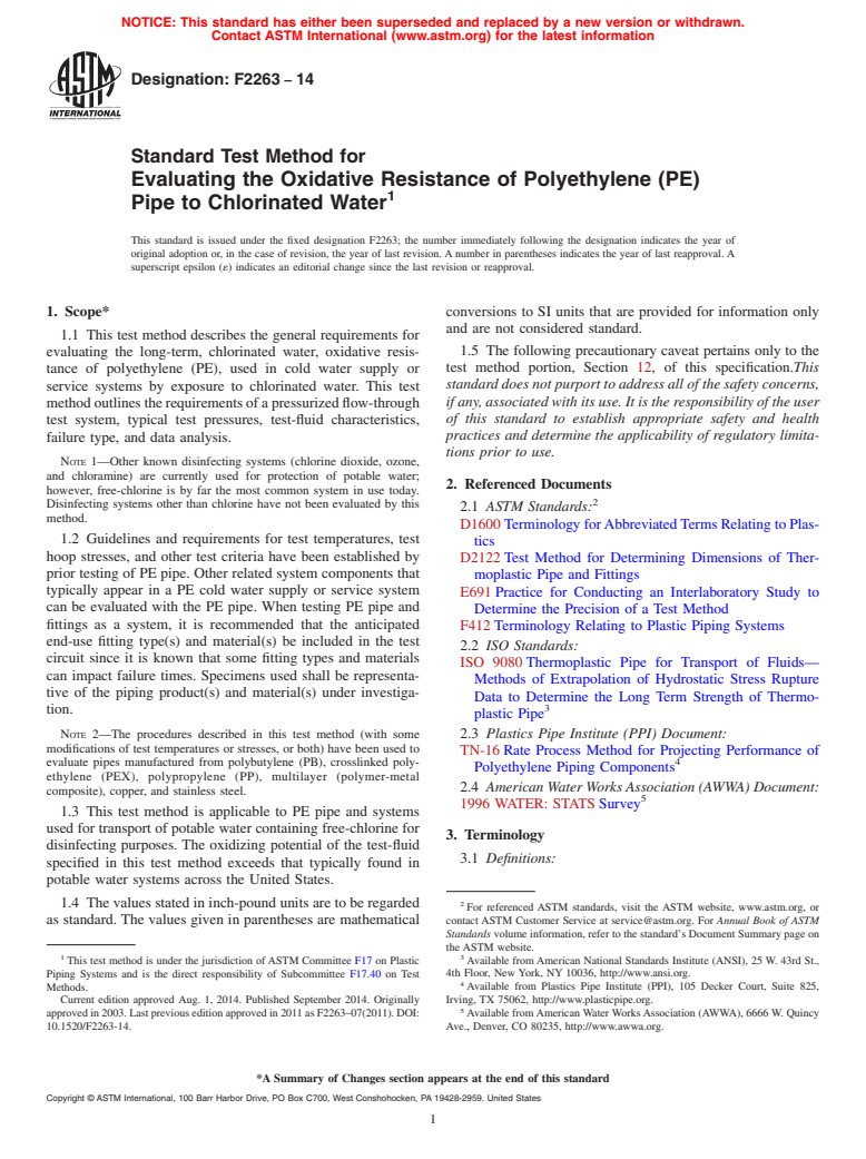 ASTM F2263-14 - Standard Test Method for  Evaluating the Oxidative Resistance of Polyethylene &#40;PE&#41; Pipe   to Chlorinated Water