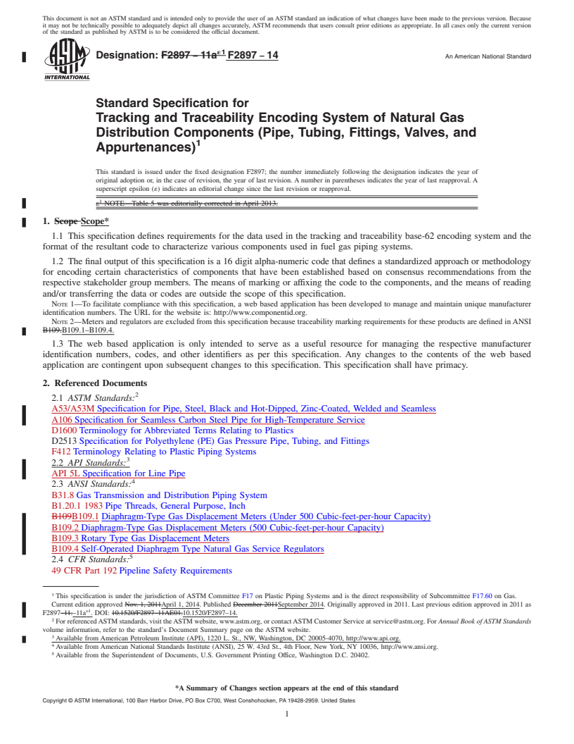 REDLINE ASTM F2897-14 - Standard Specification for  Tracking and Traceability Encoding System of Natural Gas Distribution   Components &#40;Pipe, Tubing, Fittings, Valves, and Appurtenances&#41;