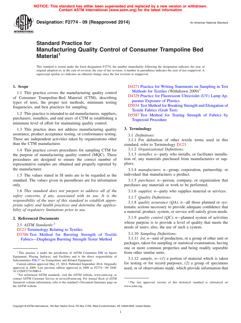 ASTM F2774-09(2014) - Standard Practice for Manufacturing Quality Control of Consumer Trampoline Bed Material