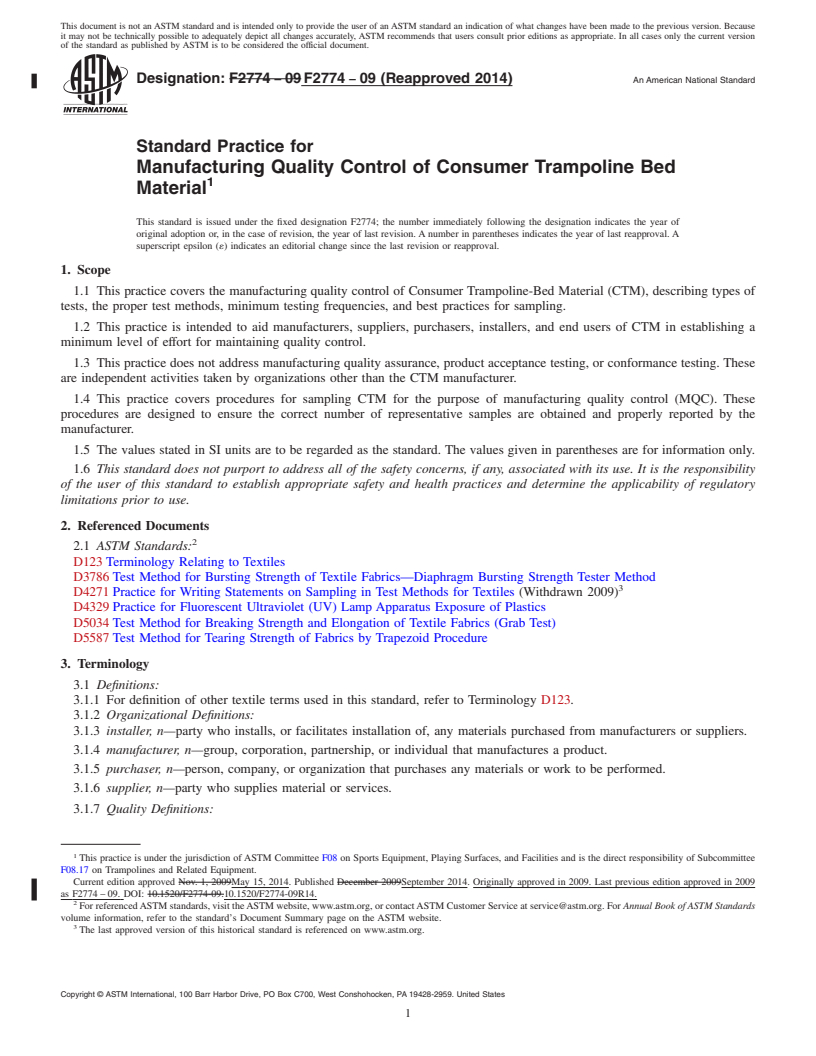 REDLINE ASTM F2774-09(2014) - Standard Practice for Manufacturing Quality Control of Consumer Trampoline Bed Material