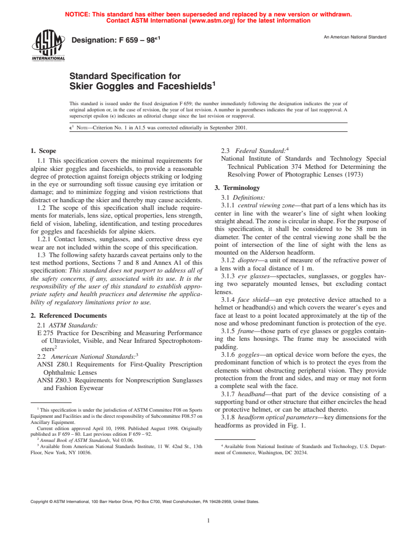 ASTM F659-98e1 - Standard Specification for Skier Goggles and Faceshields