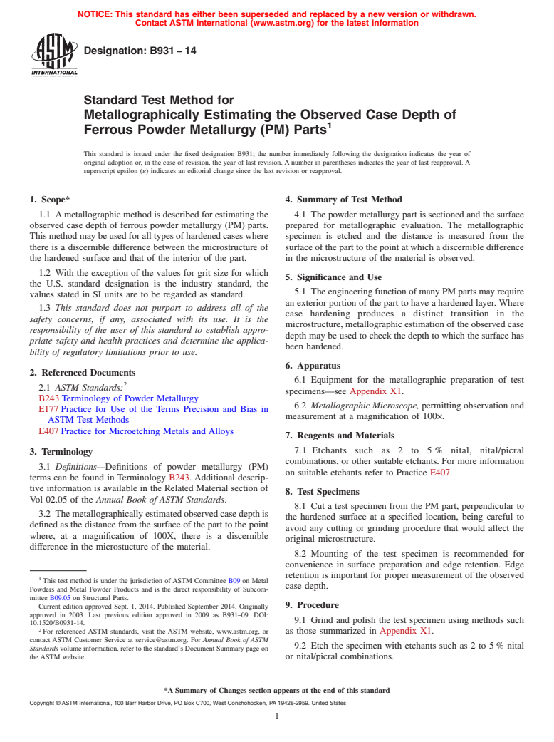 ASTM B931-14 - Standard Test Method for  Metallographically Estimating the Observed Case Depth of Ferrous  Powder Metallurgy &#40;PM&#41; Parts