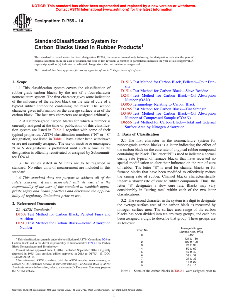 ASTM D1765-14 - Standard Classification System for Carbon Blacks Used in Rubber Products