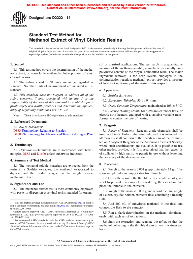 ASTM D2222-14 - Standard Test Method for  Methanol Extract of Vinyl Chloride Resins