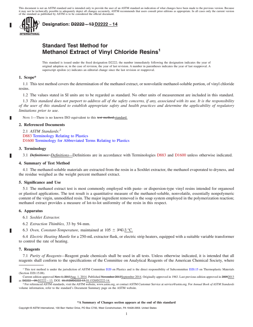 REDLINE ASTM D2222-14 - Standard Test Method for  Methanol Extract of Vinyl Chloride Resins