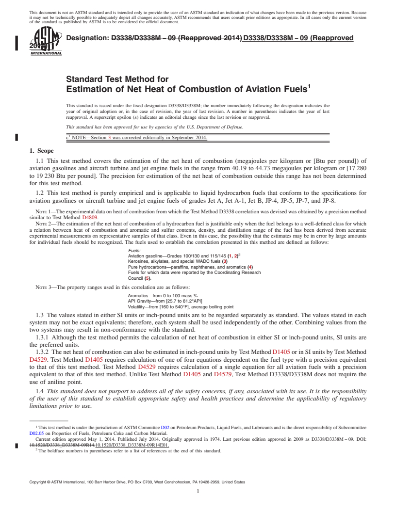 REDLINE ASTM D3338/D3338M-09(2014)e1 - Standard Test Method for  Estimation of Net Heat of Combustion of Aviation Fuels