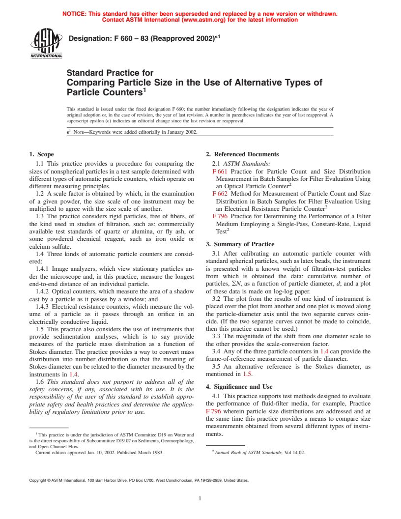 ASTM F660-83(2002)e1 - Standard Practice for Comparing Particle Size in the Use of Alternative Types of Particle Counters