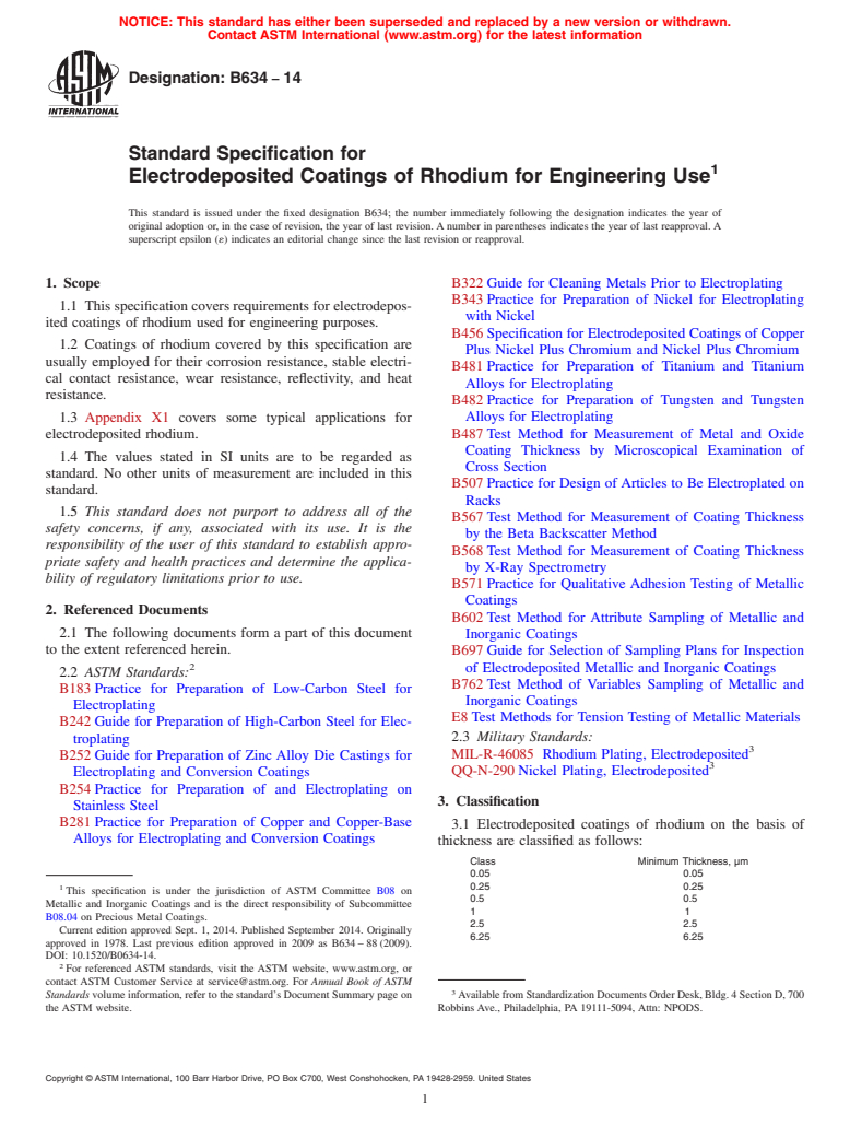 ASTM B634-14 - Standard Specification for  Electrodeposited Coatings of Rhodium for Engineering Use