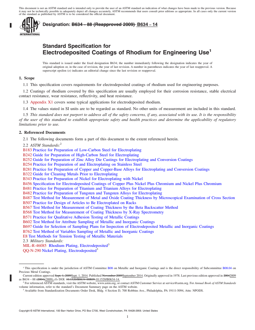 REDLINE ASTM B634-14 - Standard Specification for  Electrodeposited Coatings of Rhodium for Engineering Use