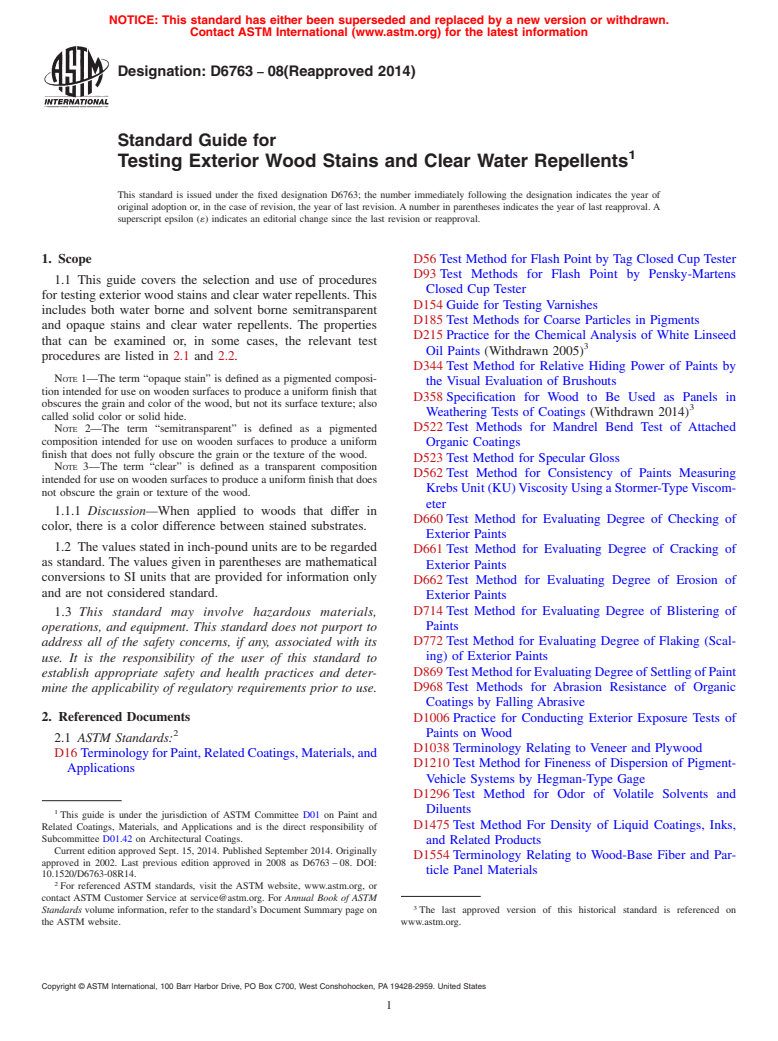 ASTM D6763-08(2014) - Standard Guide for Testing Exterior Wood Stains and Clear Water Repellents