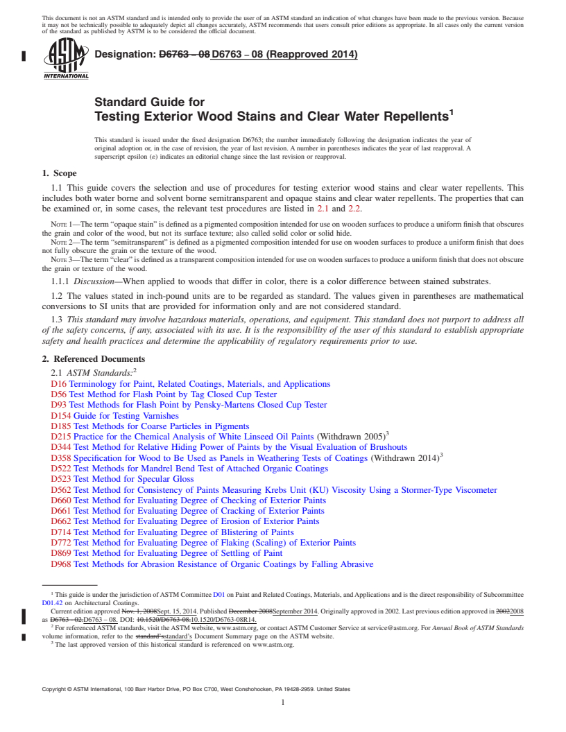 REDLINE ASTM D6763-08(2014) - Standard Guide for Testing Exterior Wood Stains and Clear Water Repellents