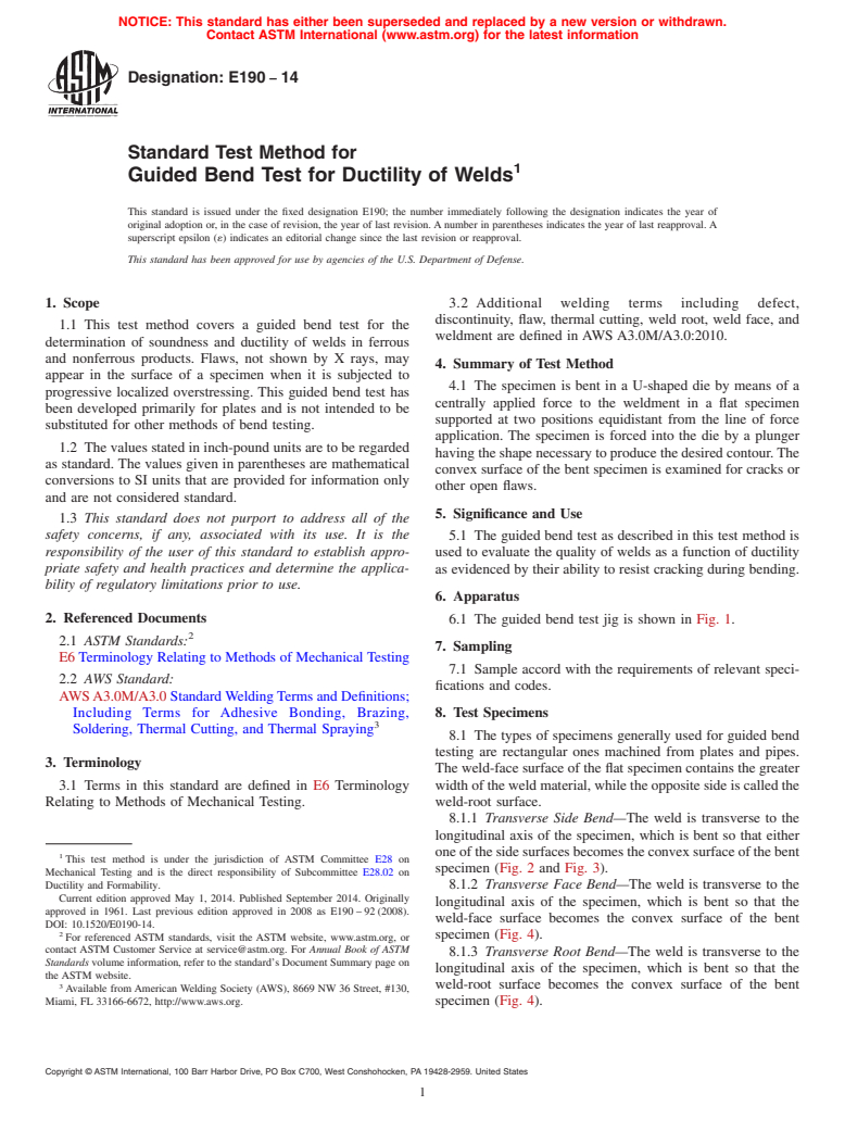 ASTM E190-14 - Standard Test Method for  Guided Bend Test for Ductility of Welds