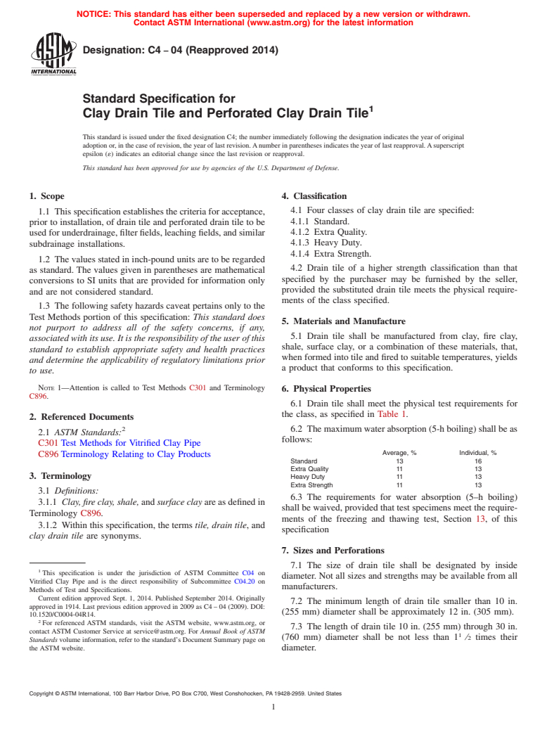 ASTM C4-04(2014) - Standard Specification for  Clay Drain Tile and Perforated Clay Drain Tile