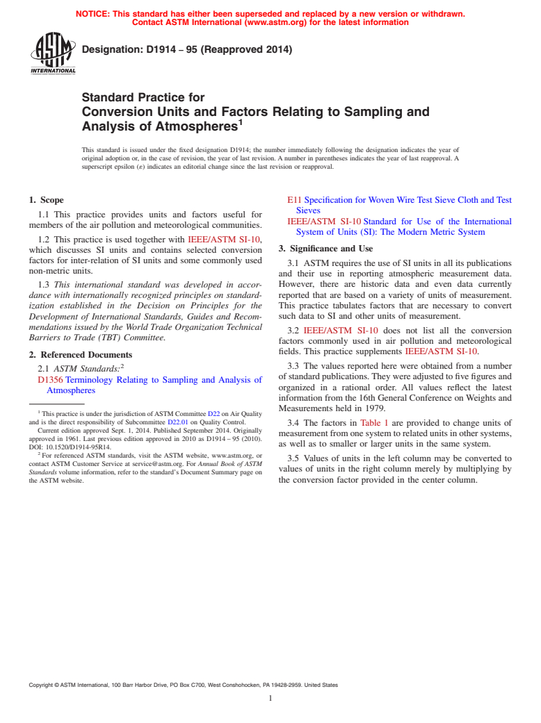 ASTM D1914-95(2014) - Standard Practice for  Conversion Units and Factors Relating to Sampling and Analysis  of Atmospheres