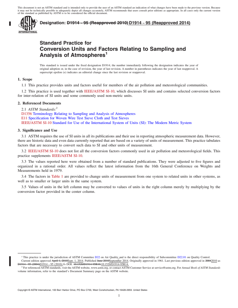 REDLINE ASTM D1914-95(2014) - Standard Practice for  Conversion Units and Factors Relating to Sampling and Analysis  of Atmospheres