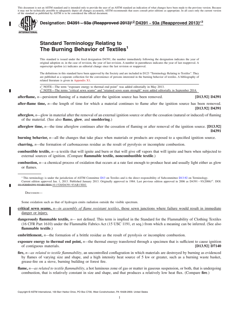 REDLINE ASTM D4391-93a(2013)e2 - Standard Terminology Relating to  The Burning Behavior of Textiles