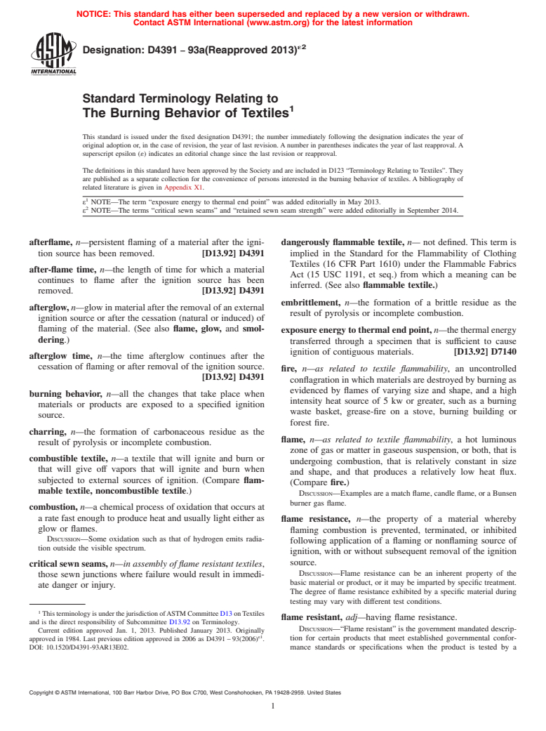 ASTM D4391-93a(2013)e2 - Standard Terminology Relating to  The Burning Behavior of Textiles