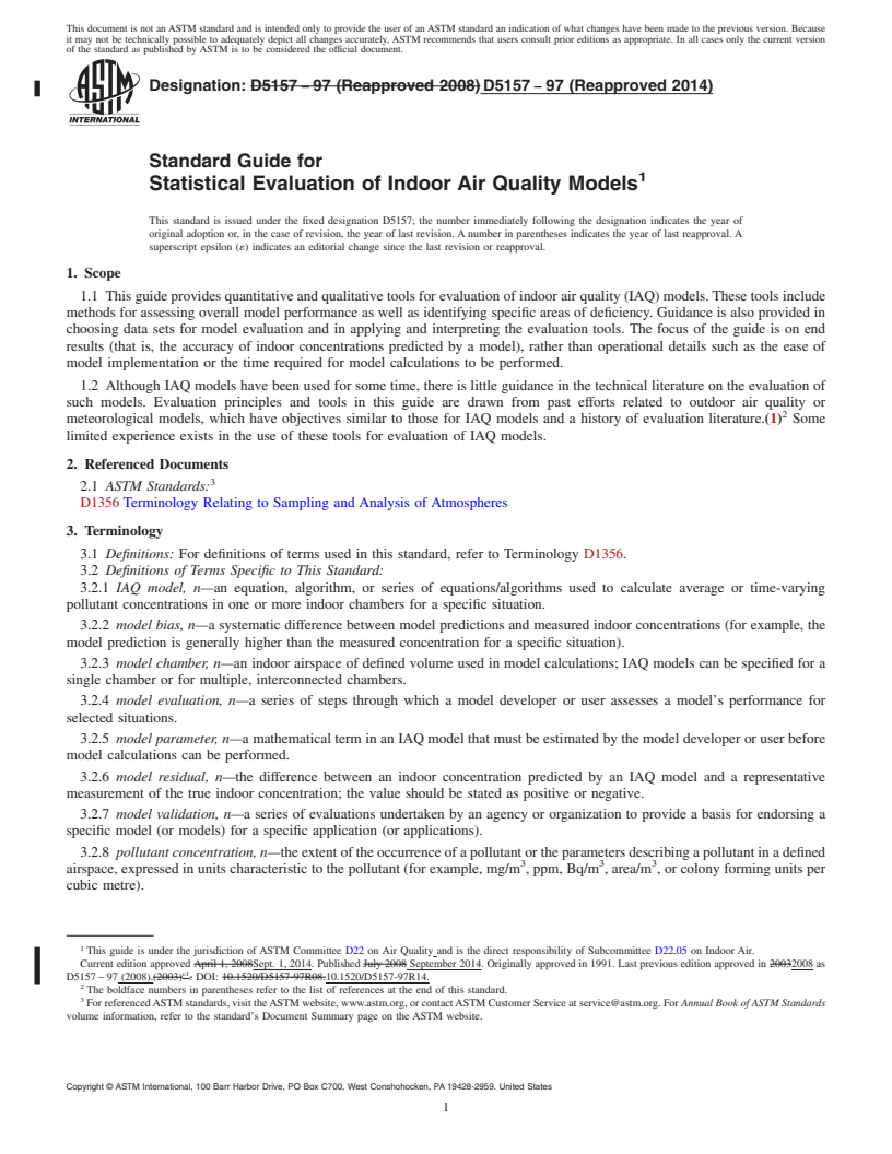 REDLINE ASTM D5157-97(2014) - Standard Guide for  Statistical Evaluation of Indoor Air Quality Models