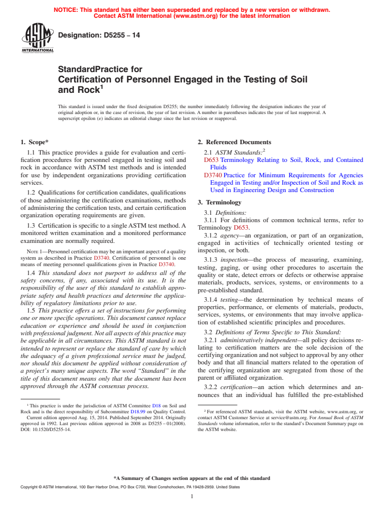 ASTM D5255-14 - Standard Practice for Certification of Personnel Engaged in the Testing of Soil and  Rock