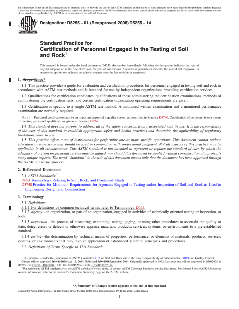 REDLINE ASTM D5255-14 - Standard Practice for Certification of Personnel Engaged in the Testing of Soil and  Rock