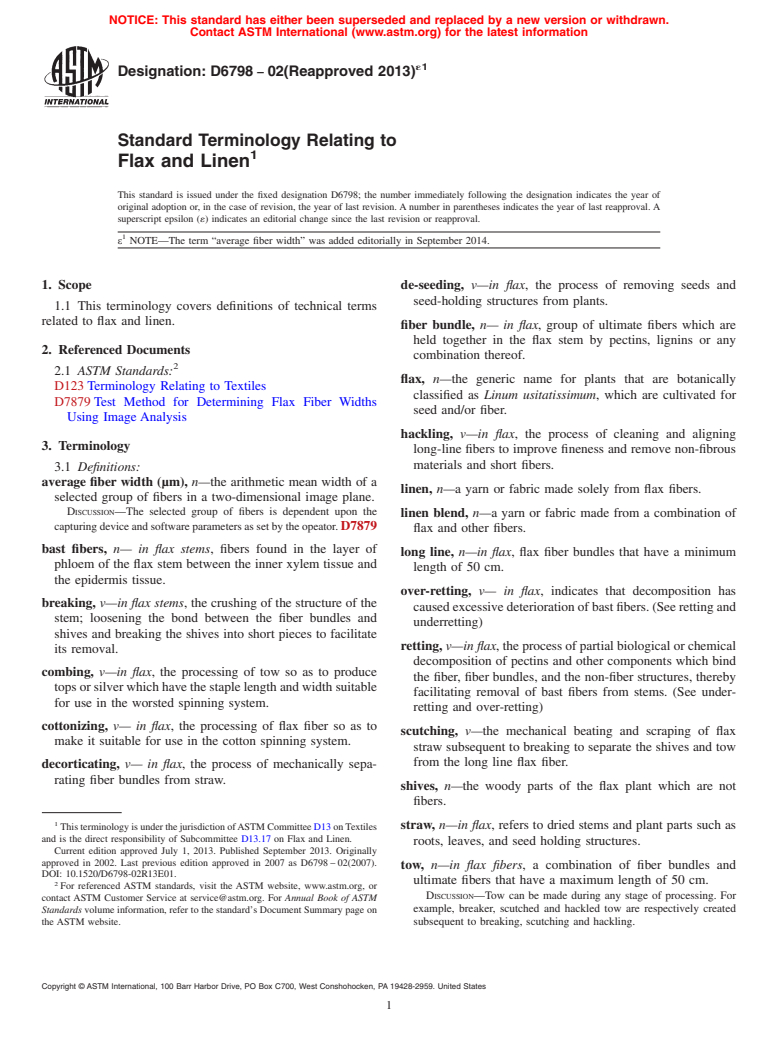 ASTM D6798-02(2013)e1 - Standard Terminology Relating to  Flax and Linen