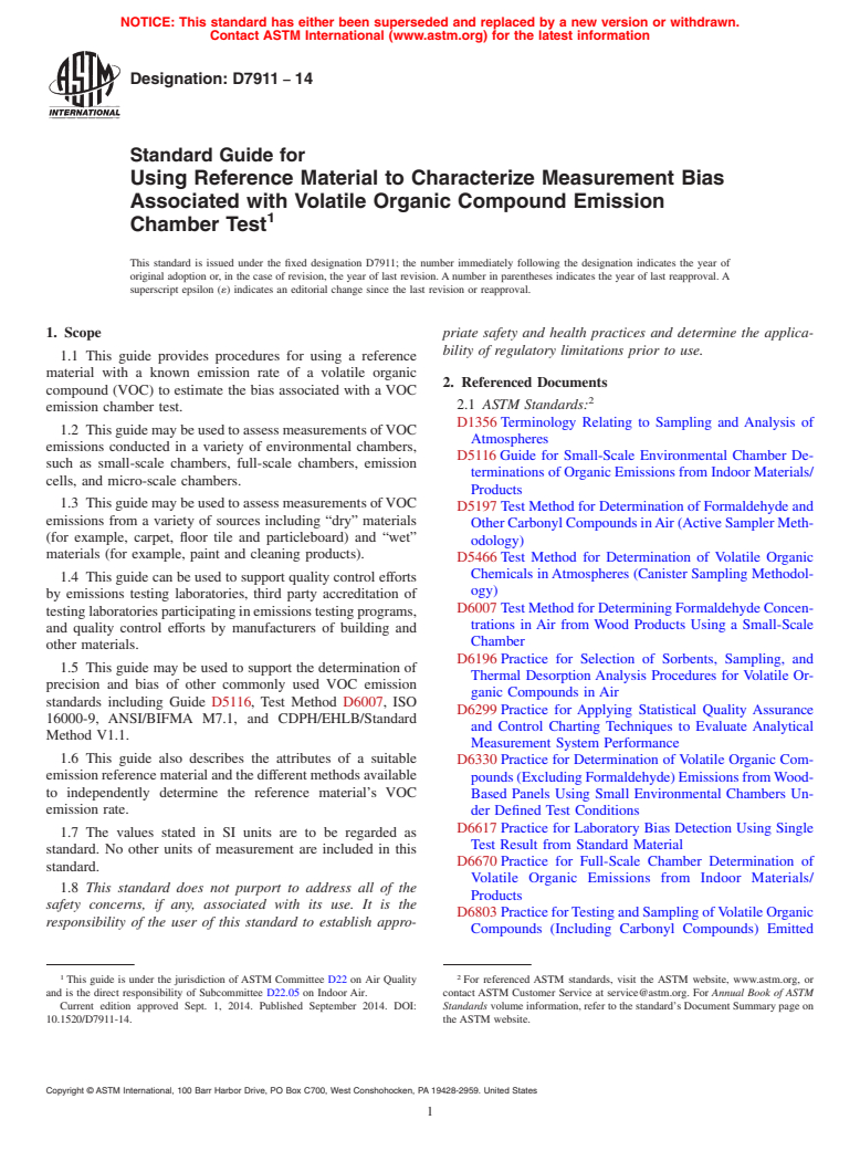 ASTM D7911-14 - Standard Guide for Using Reference Material to Characterize Measurement Bias Associated  with Volatile Organic Compound Emission Chamber Test
