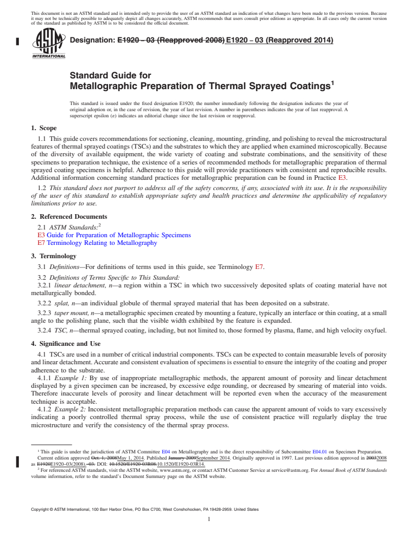 REDLINE ASTM E1920-03(2014) - Standard Guide for  Metallographic Preparation of Thermal Sprayed Coatings