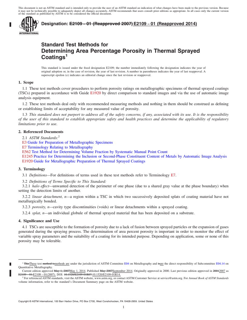 REDLINE ASTM E2109-01(2014) - Standard Test Methods for  Determining Area Percentage Porosity in Thermal Sprayed Coatings