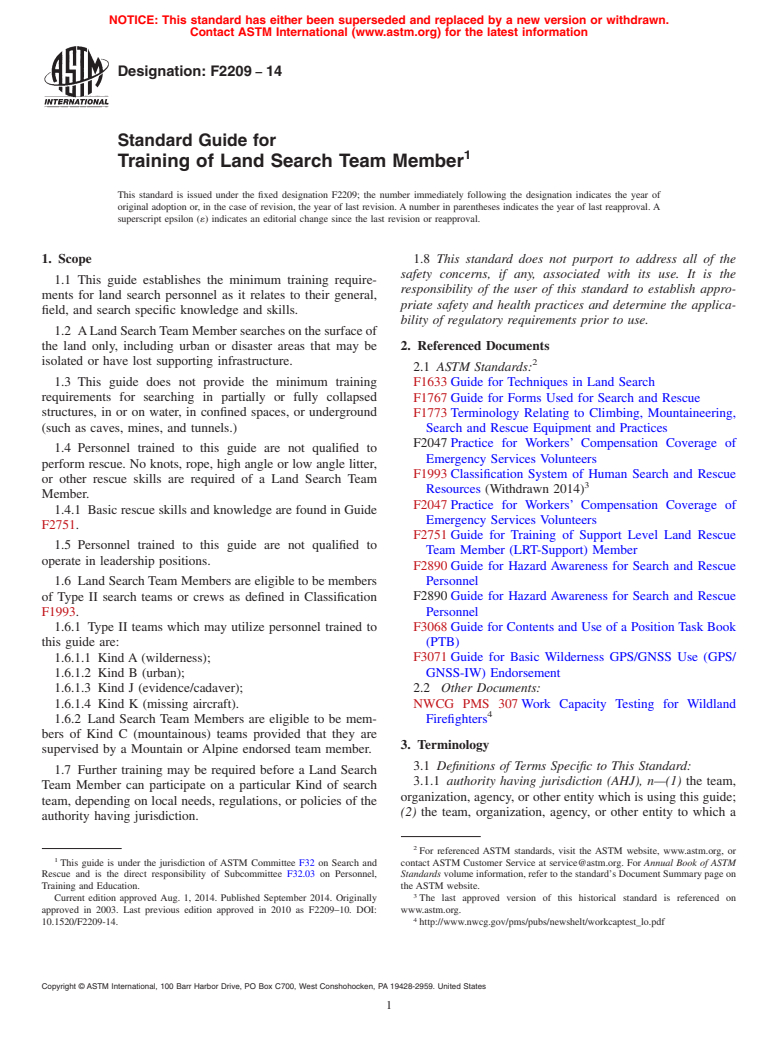 ASTM F2209-14 - Standard Guide for  Training of Land Search Team Member