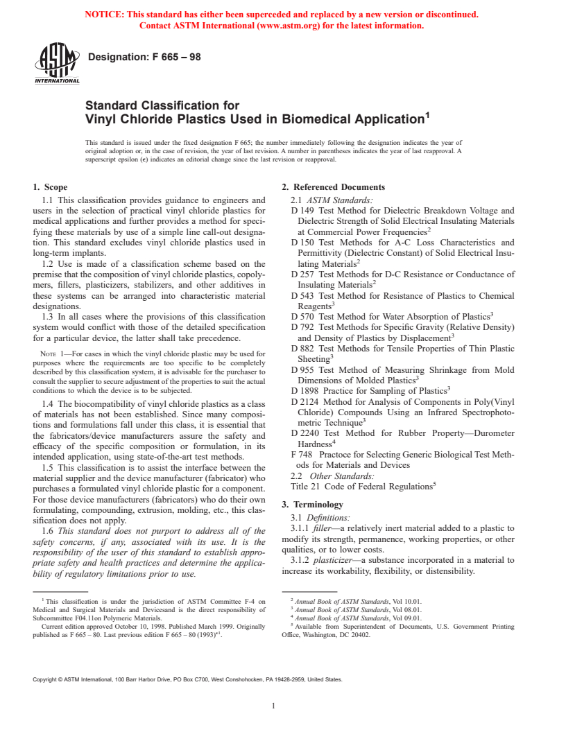 ASTM F665-98 - Standard Classification for Vinyl Chloride Plastics Used in Biomedical Application