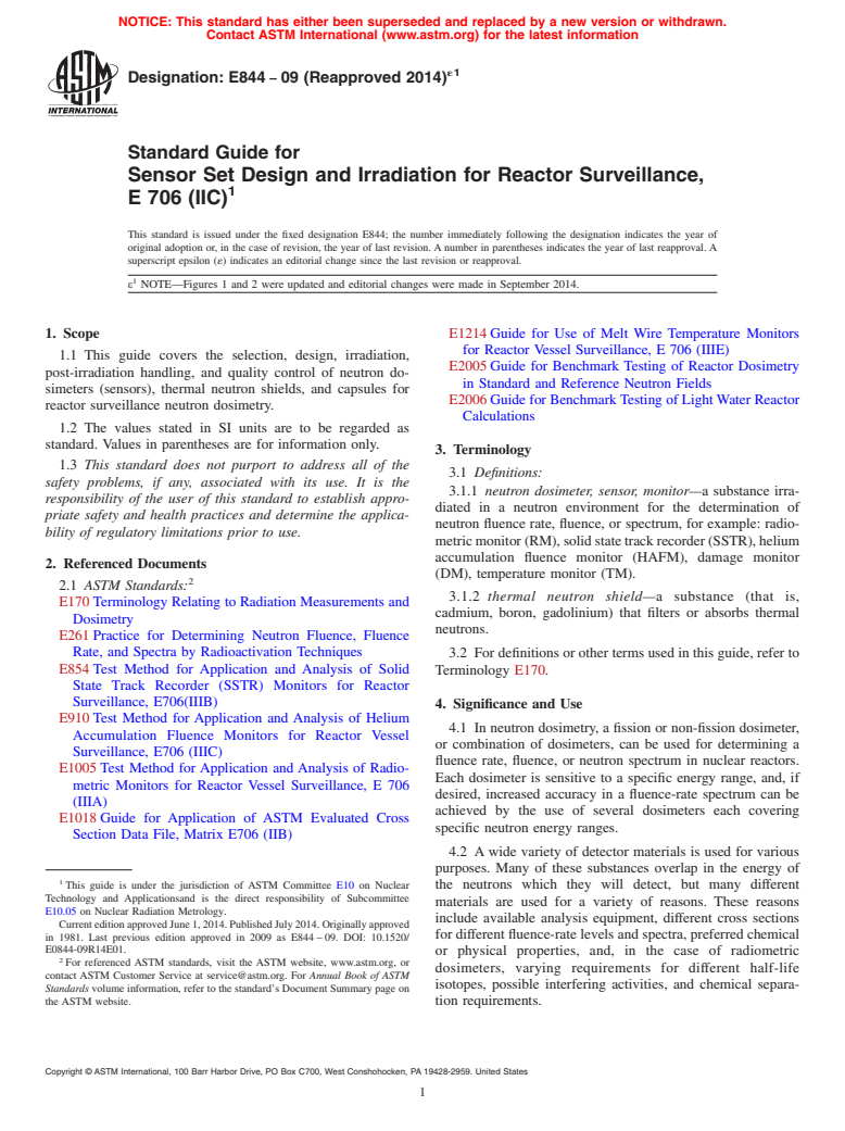 ASTM E844-09(2014)e1 - Standard Guide for Sensor Set Design and Irradiation for Reactor Surveillance, E 706 (IIC)