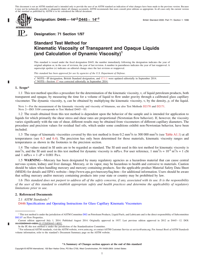 REDLINE ASTM D445-14e2 - Standard Test Method for  Kinematic Viscosity of Transparent and Opaque Liquids &#40;and  Calculation of Dynamic Viscosity&#41;