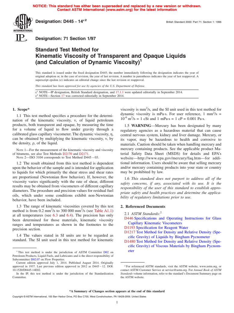 ASTM D445-14e2 - Standard Test Method for  Kinematic Viscosity of Transparent and Opaque Liquids &#40;and  Calculation of Dynamic Viscosity&#41;