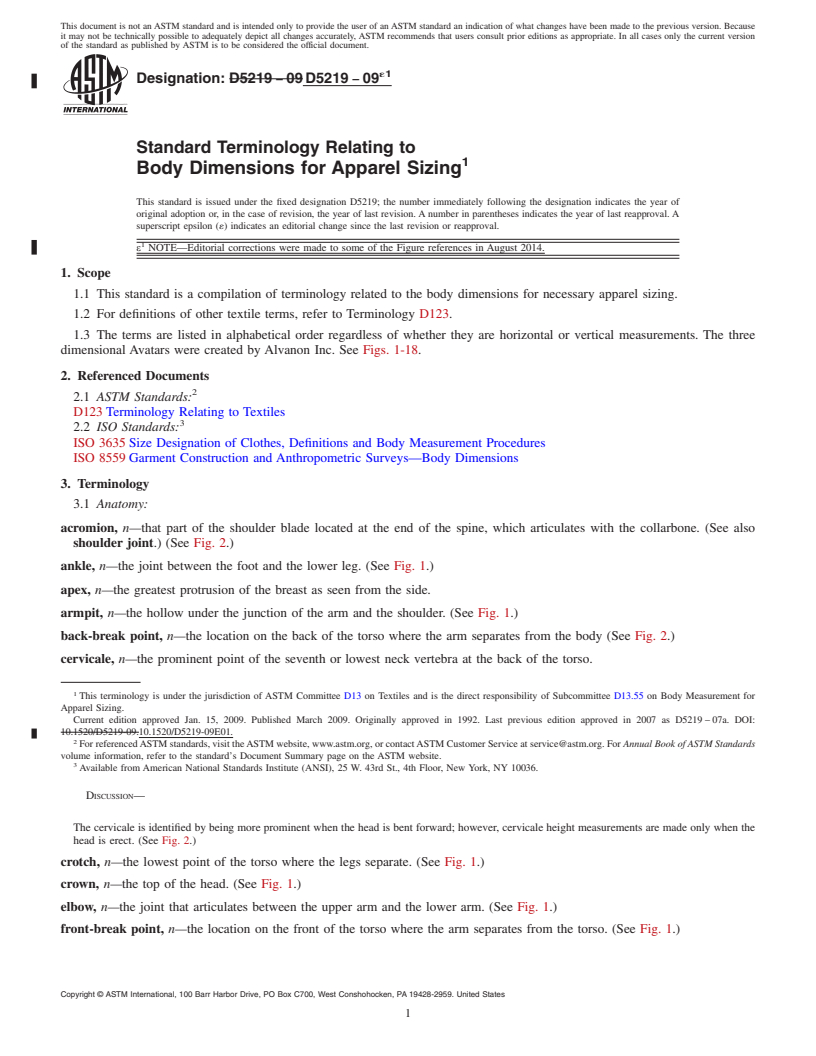 REDLINE ASTM D5219-09e1 - Standard Terminology Relating to  Body Dimensions for Apparel Sizing