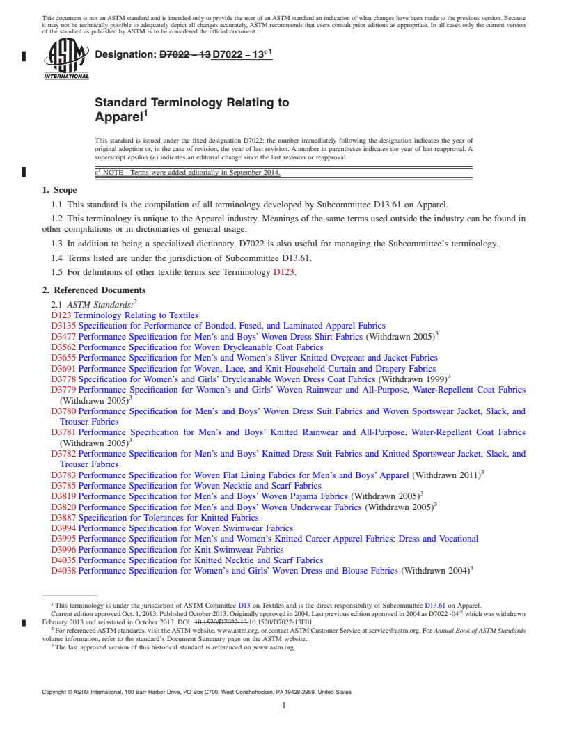 REDLINE ASTM D7022-13e1 - Standard Terminology Relating to  Apparel