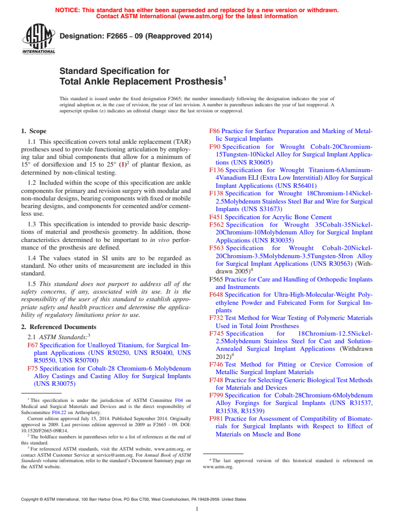 ASTM F2665-09(2014) - Standard Specification for  Total Ankle Replacement Prosthesis