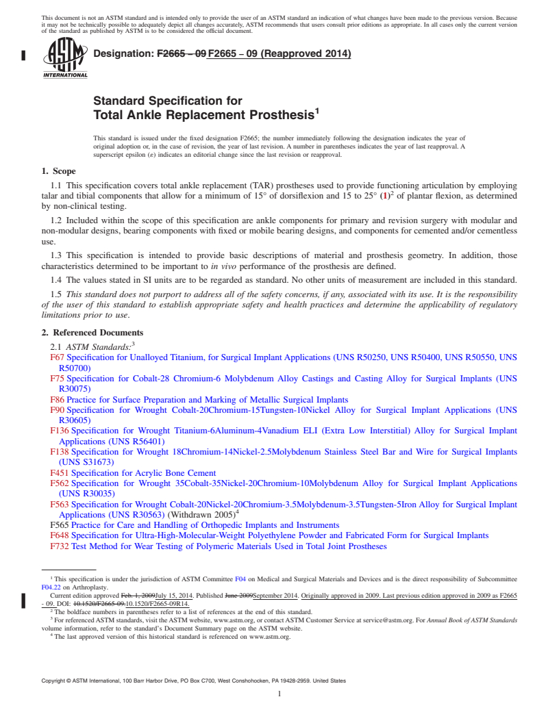 REDLINE ASTM F2665-09(2014) - Standard Specification for  Total Ankle Replacement Prosthesis