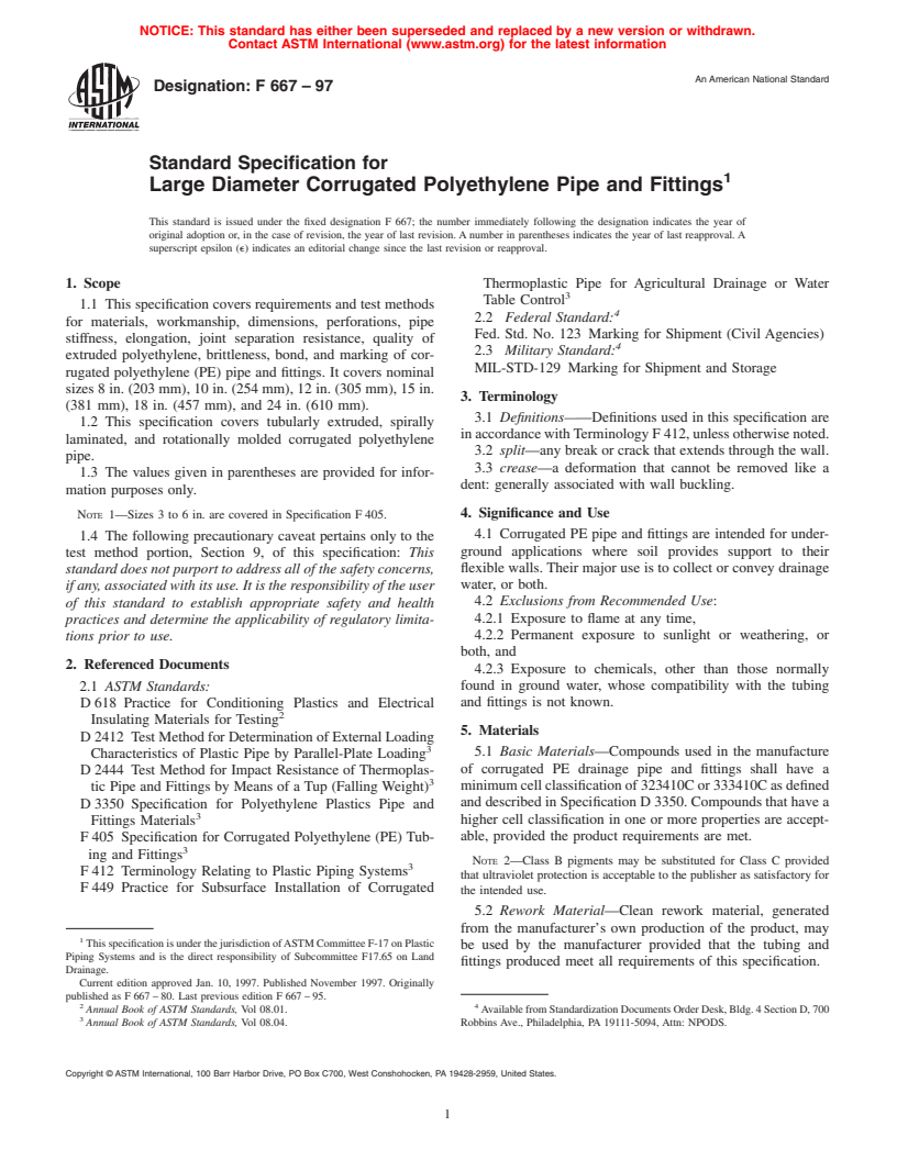 ASTM F667-97 - Standard Specification for Large Diameter Corrugated Polyethylene Pipe and Fittings