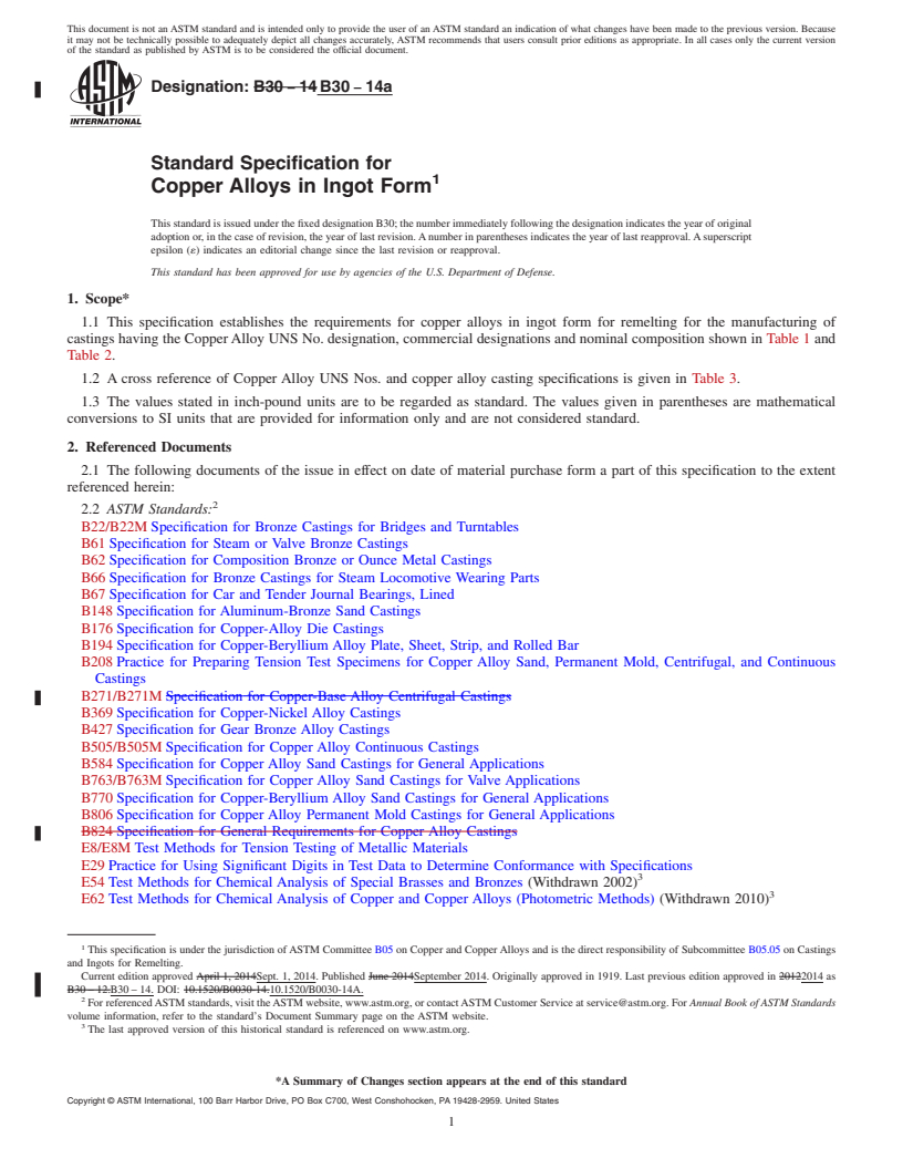 REDLINE ASTM B30-14a - Standard Specification for Copper Alloys in Ingot Form