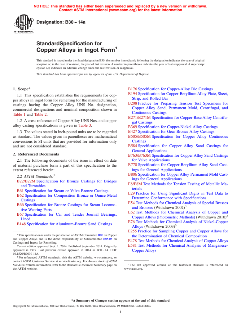 ASTM B30-14a - Standard Specification for Copper Alloys in Ingot Form