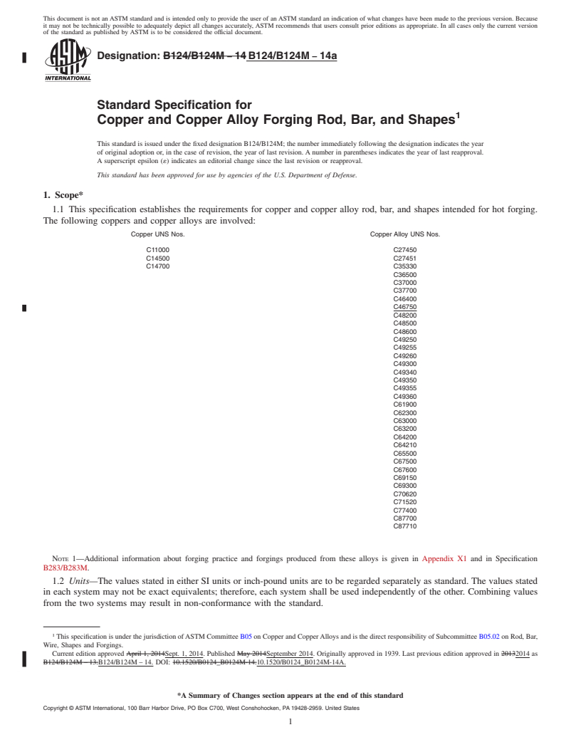 REDLINE ASTM B124/B124M-14a - Standard Specification for Copper and Copper Alloy Forging Rod, Bar, and Shapes